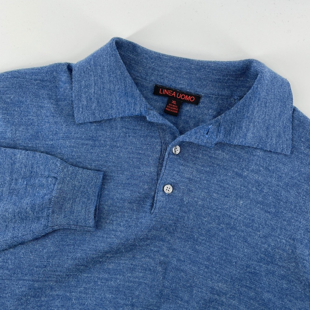 Linea Uomo Polo Sweater, Mens XL, Blue, Wool Blend Long Sleeve Knit